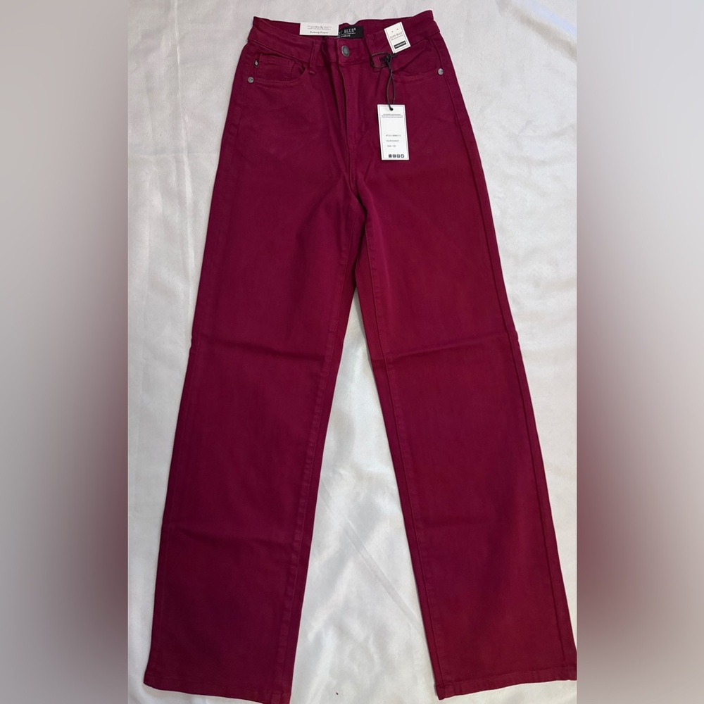 NEW Judy Blue Burgundy Red Heart Pocket 90’s Straight/ Wide Leg High Waist Jeans - Picture 4 of 6